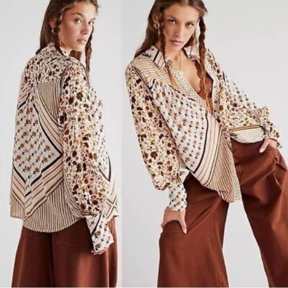 Free People Hazel Patchwork Button Down Blouse In… - image 3